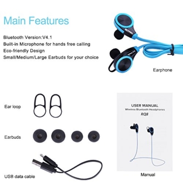 Ecandy Bluetooth 4.0 Wireless Stereo Sport / Laufen & Fitnessstudio / Sport Earbuds Kopfhörer Hands-Free Bluetooth-Headset mit Mikrofon für iPhone 6 5s 5c 4s 4, iPad 2 3 4 Neue iPad, iPod, Android, Samsung Galaxy, Smart Phones Bluetooth-Geräte. (blau) - 5