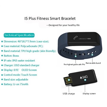 Jcotton I5+, I5 Plus Smartwatch IP67 wasserdichte intelligente Smart bracelet Bluetooth 4.0 Fitness Aktivität Tracker beobachten Sport Gesundheit Pedometer Armband Fügen Fitness Schlaf Monitor Sedentary Erinnerung Wristband Kompatibel mit Android IOS Smartphones (dunkelblau) - 3